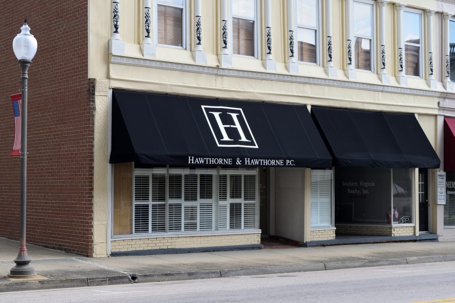 The entrance to the Blackstone, Virginia law office of Hawthorne & Hawthorne, P.C.