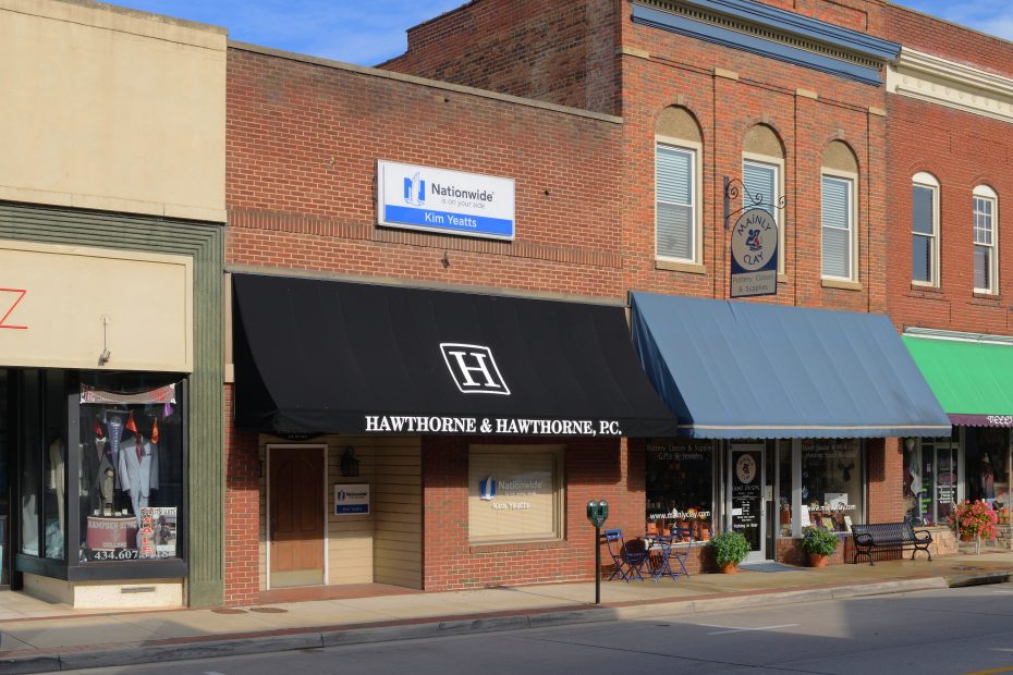 The Main Street entrance to the Farmville, Virginia law office of Hawthorne & Hawthorne, P.C.
