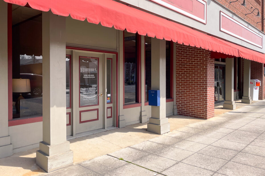 The Main Street entrance to the Halifax, Virginia law office of Hawthorne & Hawthorne, P.C.