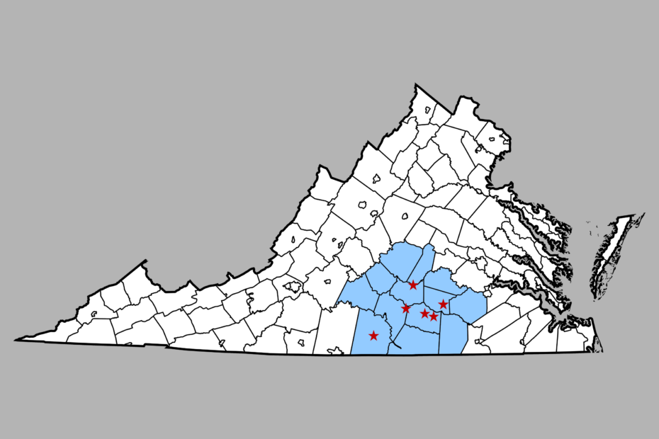 Map of Virginia, with stars marking Hawthorne & Hawthorne’s locations in Kenbridge, Victoria, Keysville, Farmville, and Blackstone, and blue shading marking Hawthorne & Hawthorne’s coverage area for representation by our lawyers in Amelia County, Appomattox County, Buckingham County, Brunswick County, Campbell County, Charlotte County, Cumberland County, Dinwiddie County, Halifax County, Lunenburg County, Mecklenburg County, Nottoway County, and Prince Edward County