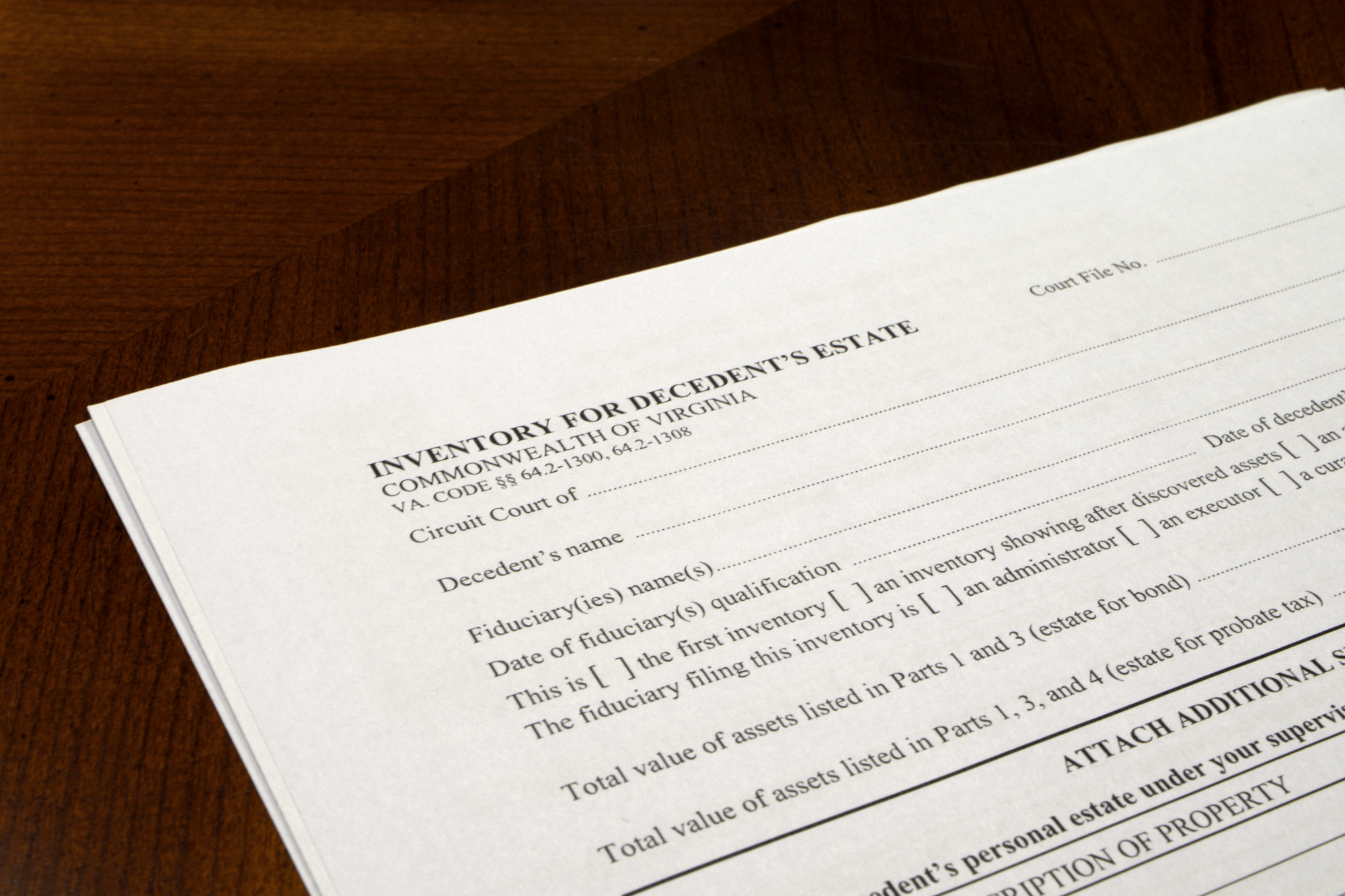An inventory form (Form CC-1670), which is one of the many forms that you will have to file with the circuit court if you administer an estate in Virginia