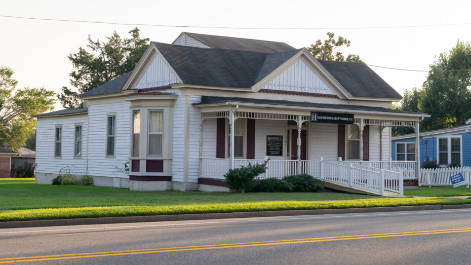 The entrance to the Keysville, Virginia law office of Hawthorne & Hawthorne, P.C. as viewed across the street