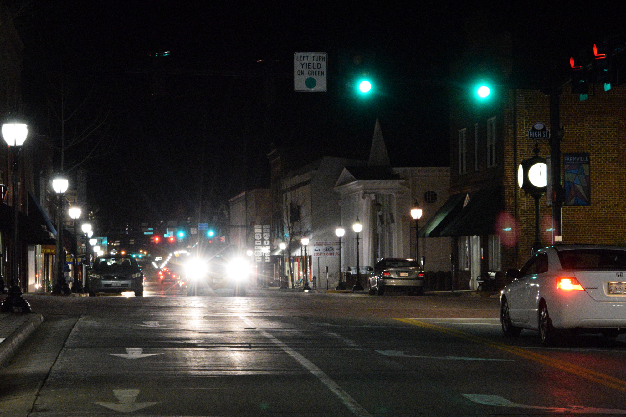 Nighttime traffic in Farmville, Virginia, in Prince Edward County, where the DUI lawyers at Hawthorne & Hawthorne are experienced in protecting your rights.