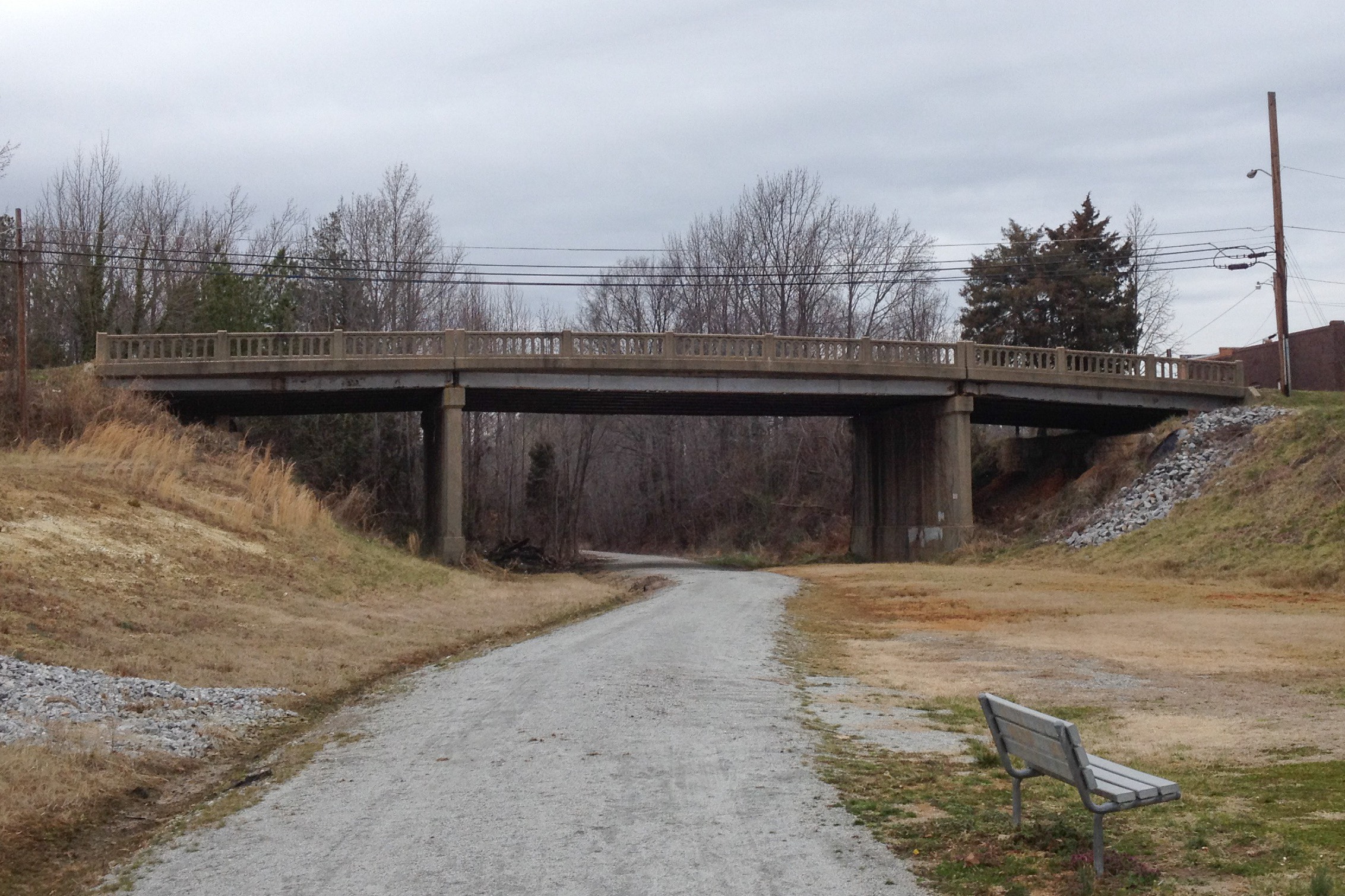 The former bridge over the old railroad right-of-way in Victoria, Virginia (located just behind the office of the municipal lawyers at Hawthorne & Hawthorne).