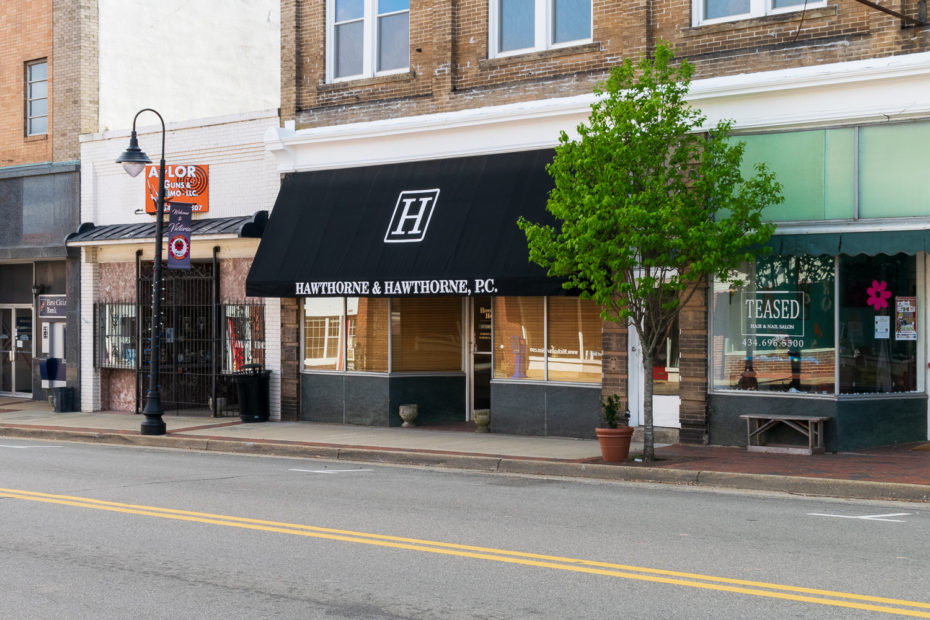 The entrance to the Victoria, Virginia law office of Hawthorne & Hawthorne, P.C.